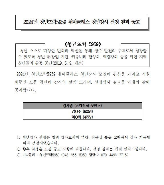 청년강사 선정 결과 공고